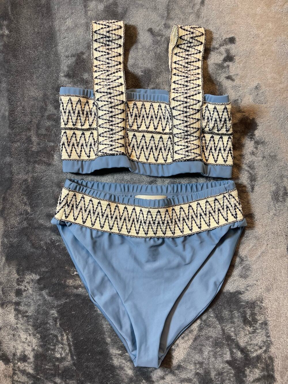 Elysiian Catalina Blue Zig Zag Embroidered Bikini Set High Waisted Medium EUC